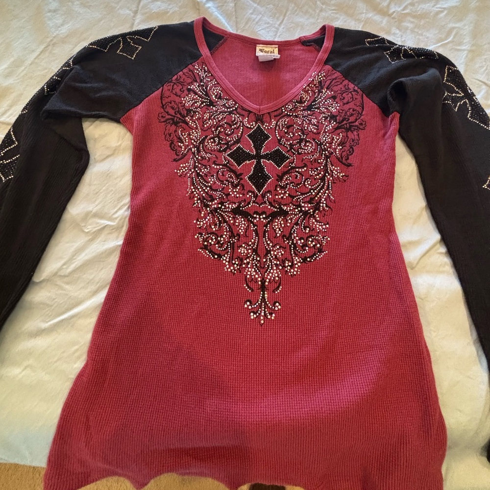 Vocal shirt, Gently used long sleeve, red and black top with embellishments